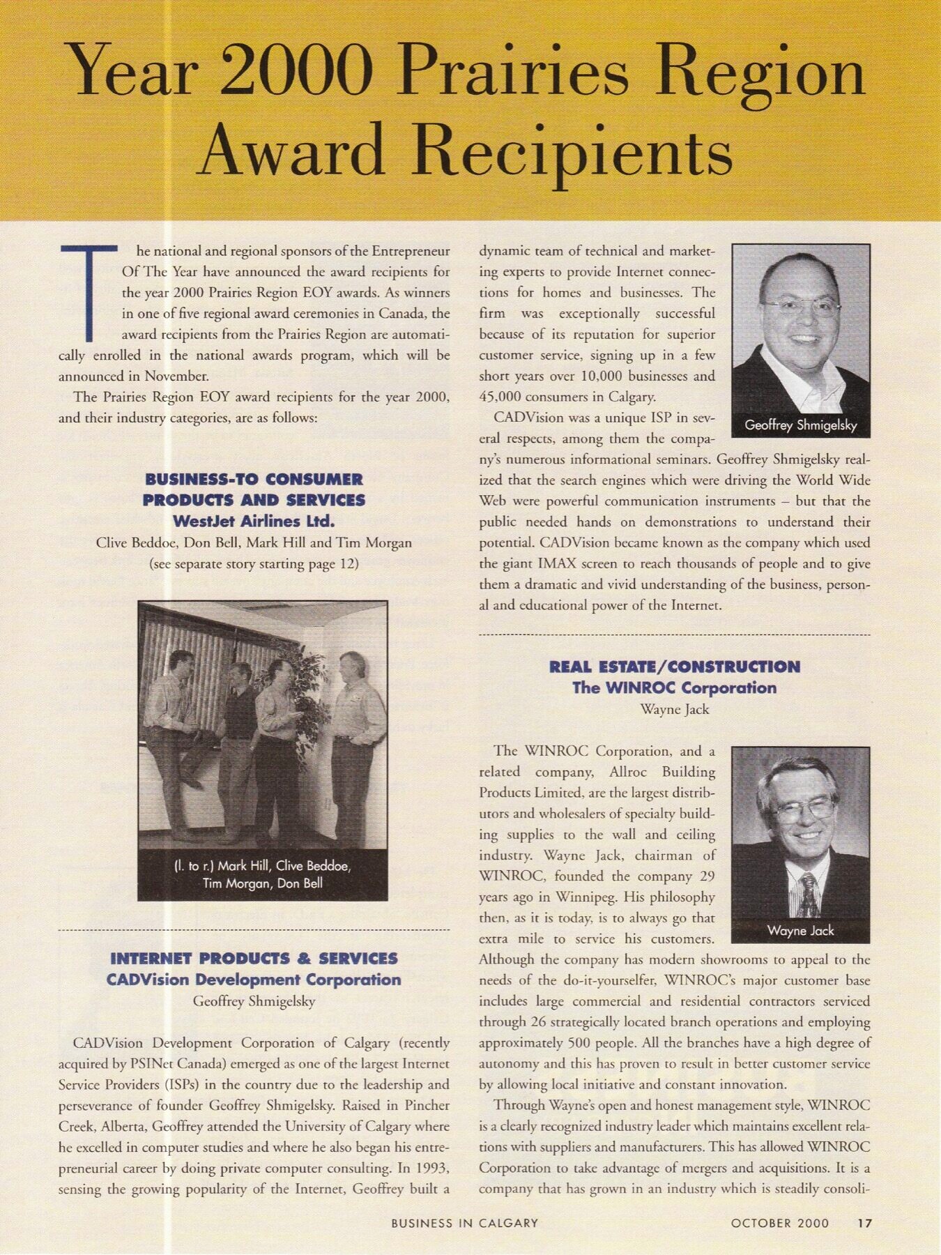 Entrepreneur of the Year 2000 — the Prairies Region recipients, with CADVision (Business in Calgary, October 2000)