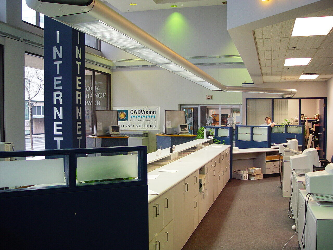 Inside the storefront — the INTERNET pillars and service counter