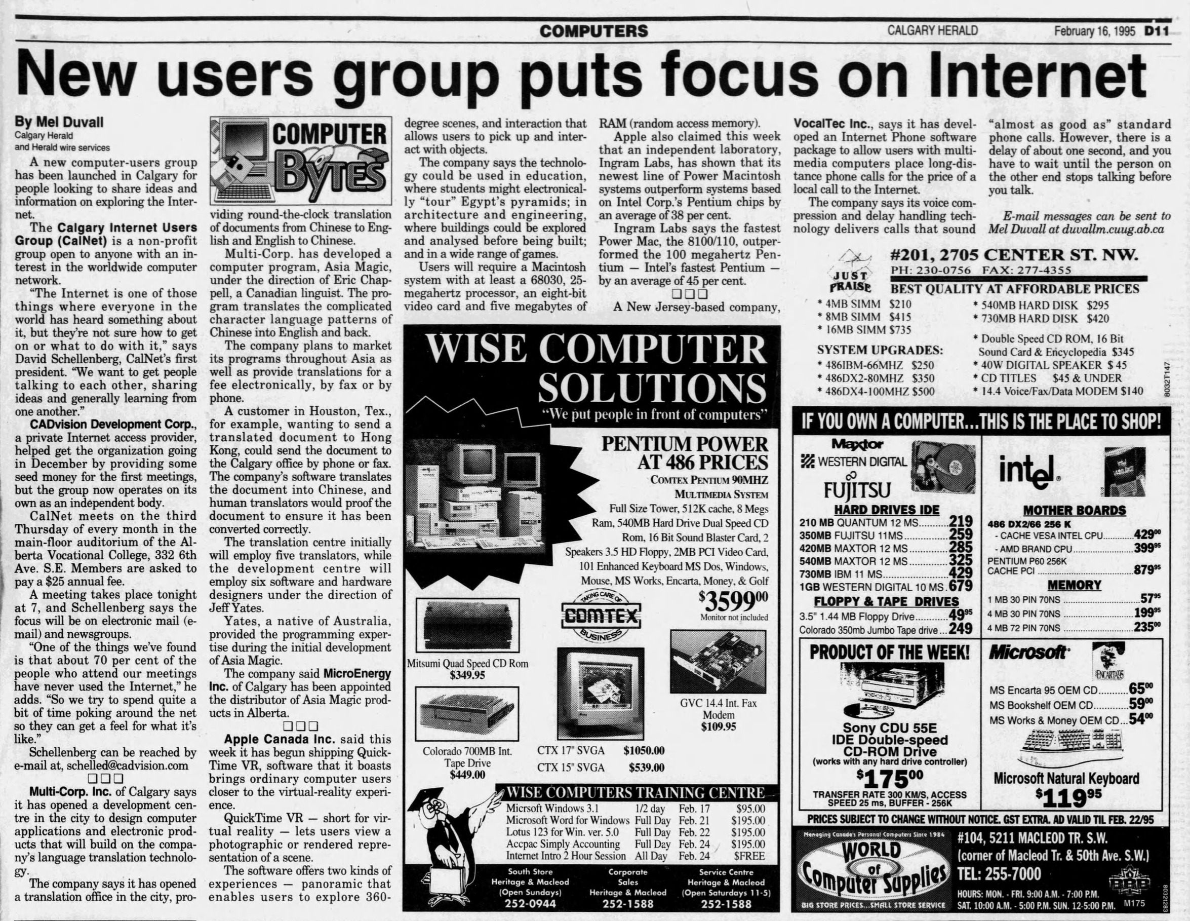 New users group puts focus on Internet (CalNet) — Calgary Herald, Feb 16, 1995, D11