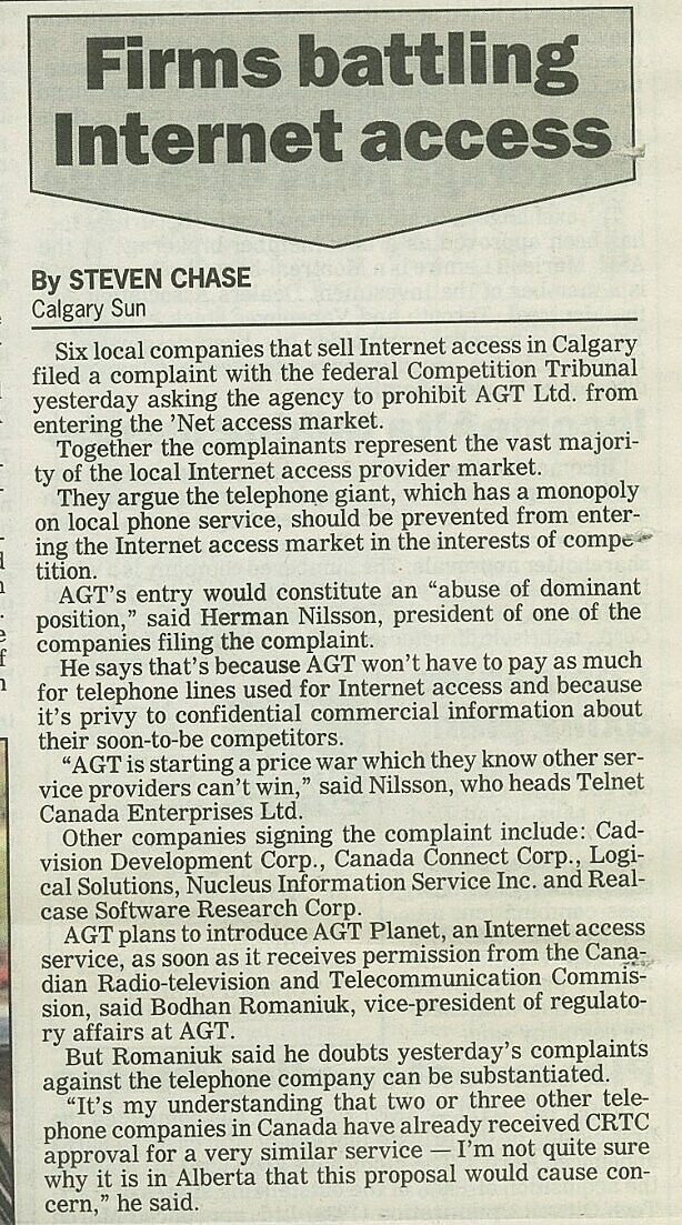 Firms battling Internet access — Steven Chase, Calgary Sun, 1995