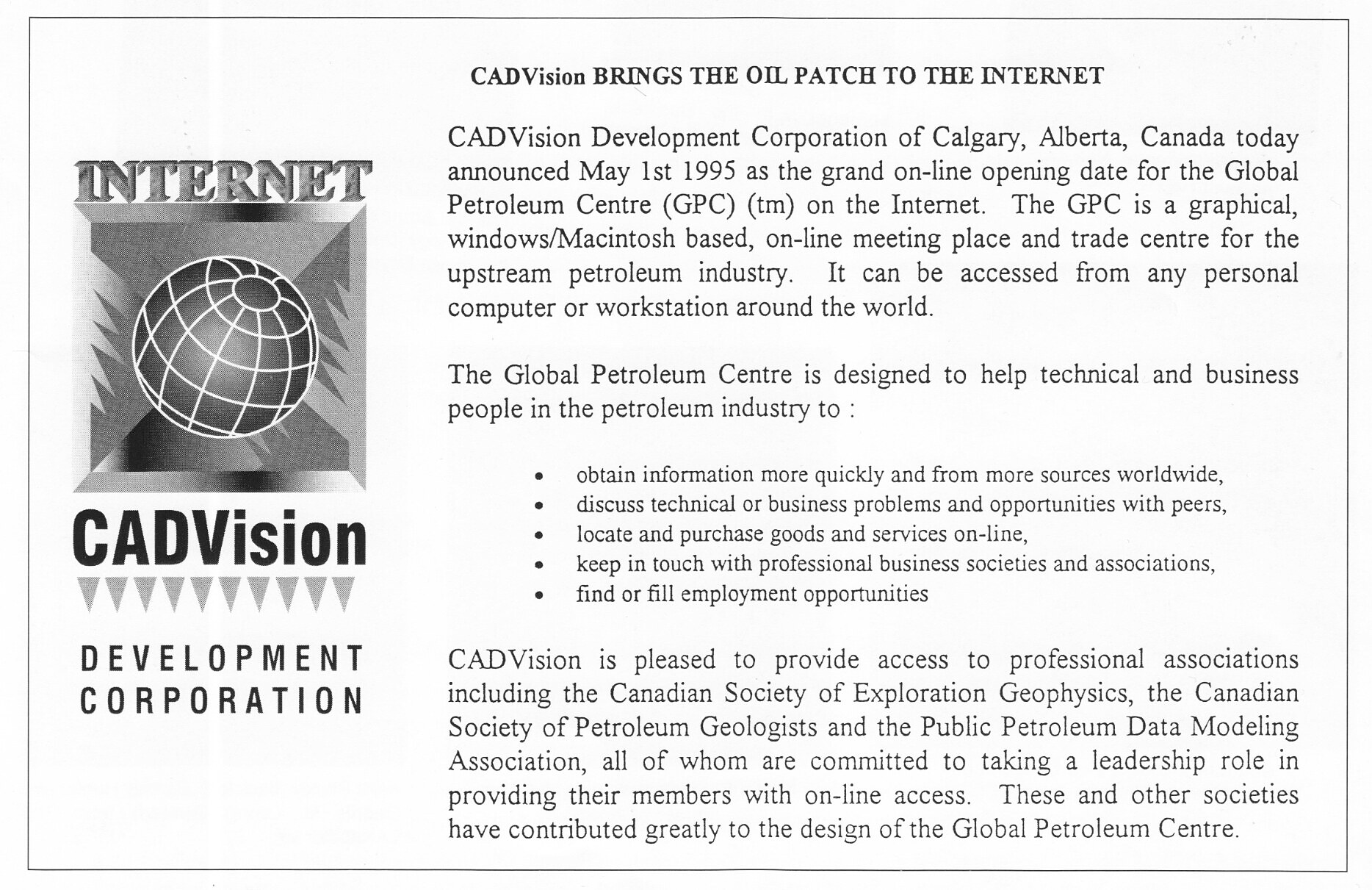 Press release — “Global Petroleum Centre” (CADVision, May 1, 1995)