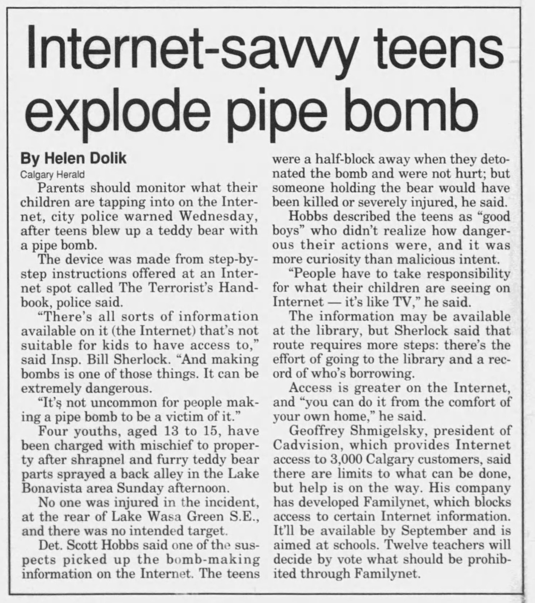 Internet-savvy teens explode pipe bomb — Calgary Herald, May 1995