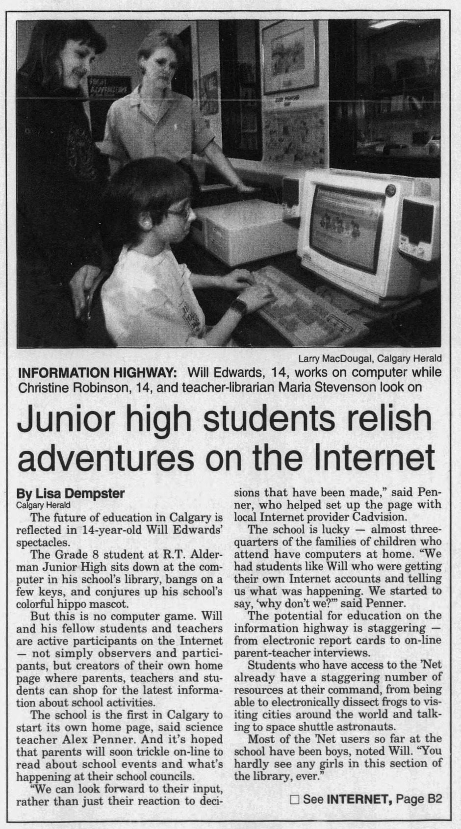 Junior high students relish adventures on the Internet — Calgary Herald, May 1995