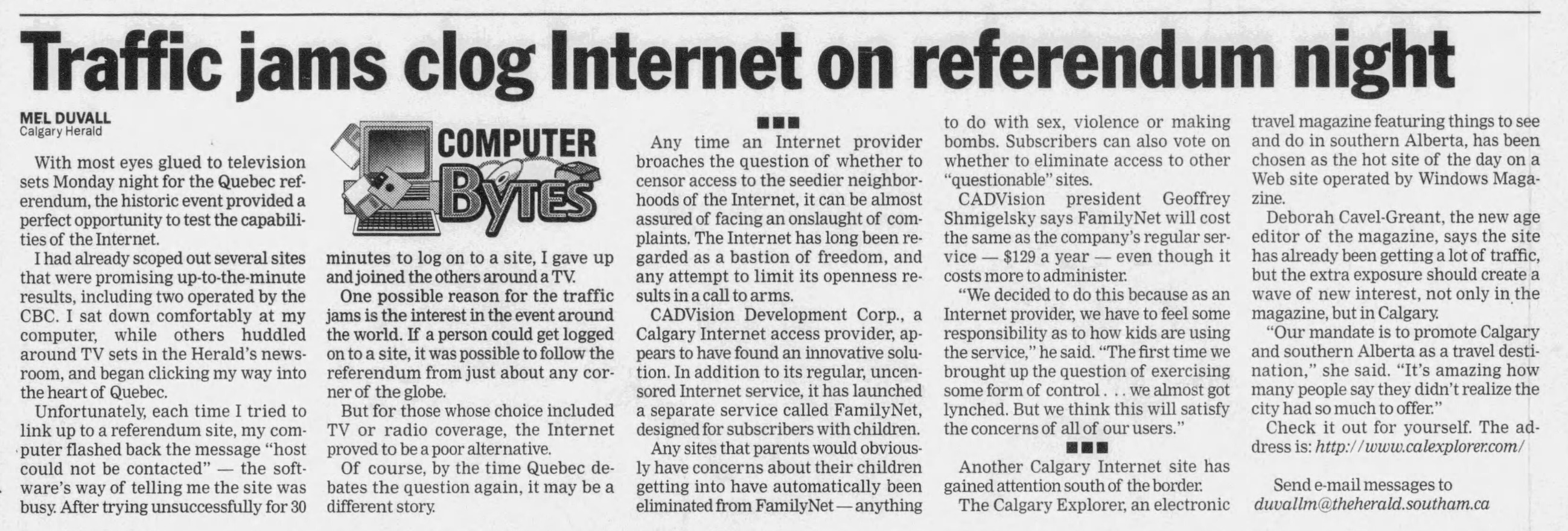 Traffic jams clog Internet on referendum night — the FamilyNet launch (Calgary Herald, Nov 2, 1995)