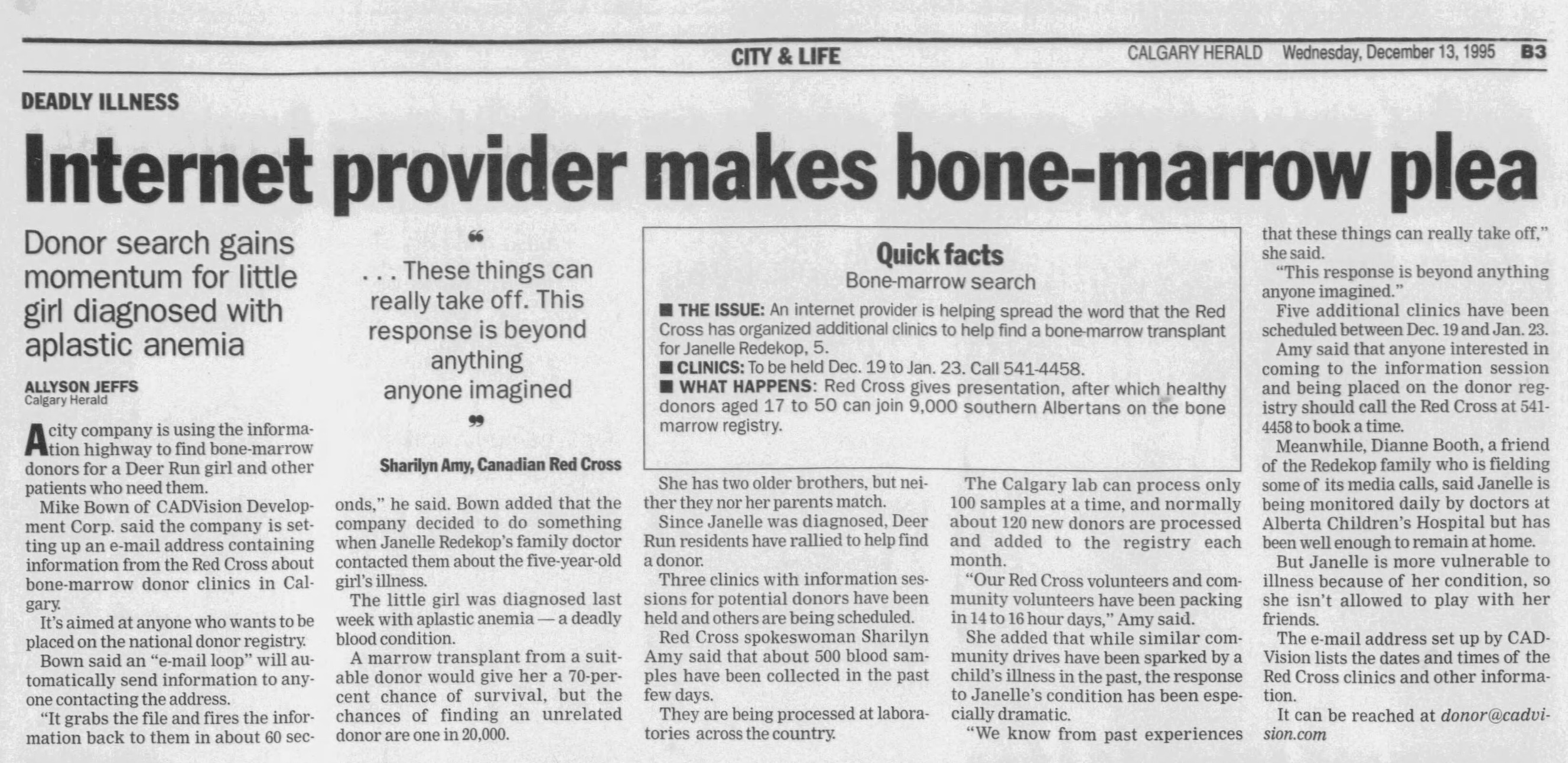 Internet provider makes bone-marrow plea — Calgary Herald, Dec 13, 1995
