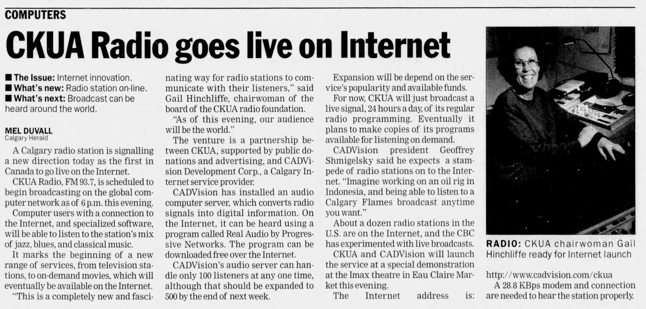 CKUA Radio goes live on Internet — Mel Duvall, Calgary Herald, 1995