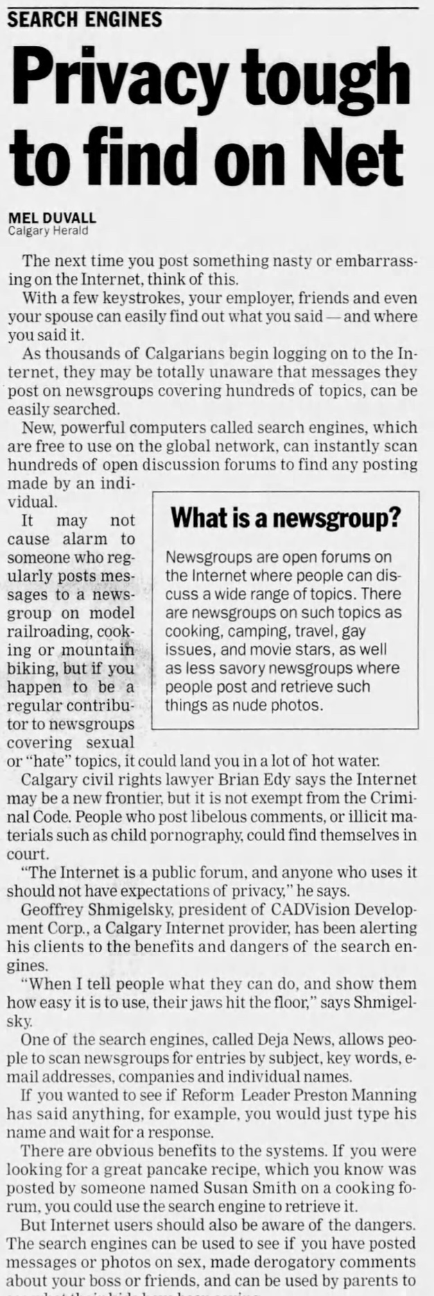 Privacy tough to find on Net — Mel Duvall, Calgary Herald, 1996