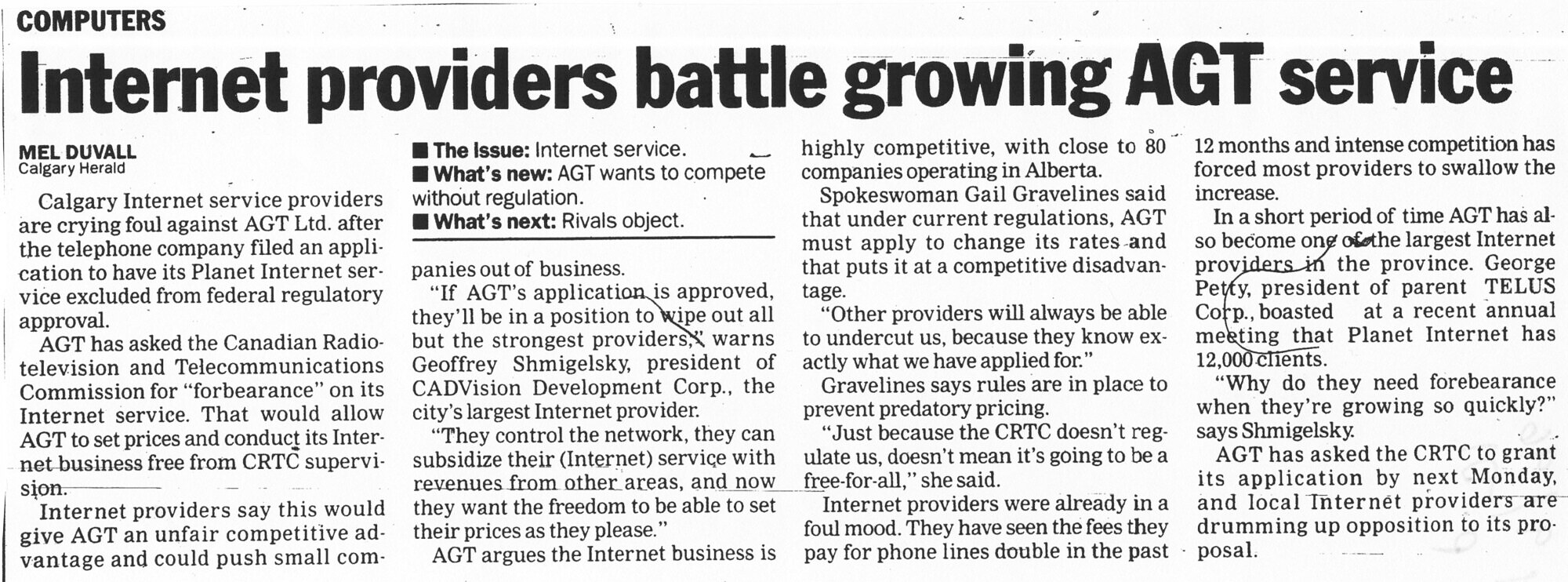Internet providers battle growing AGT service — Mel Duvall, Calgary Herald, 1996