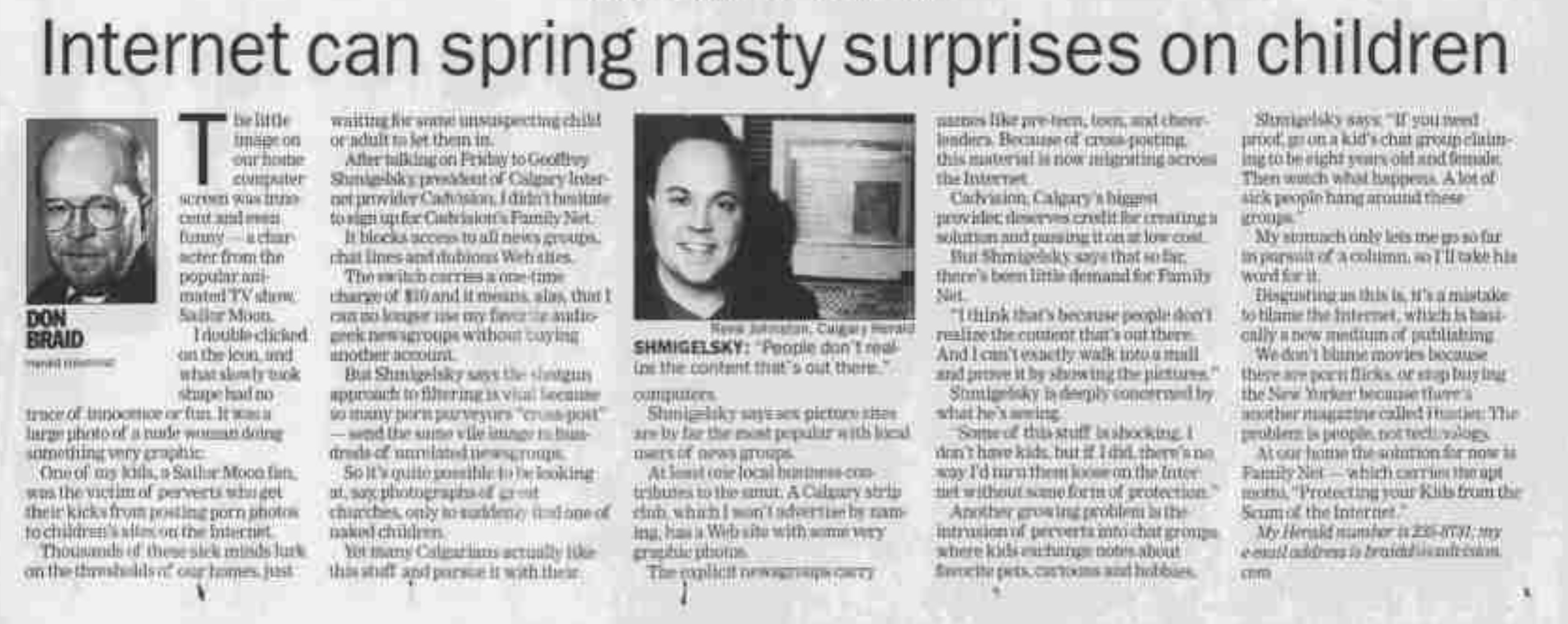 Internet can spring nasty surprises on children — Don Braid, Calgary Herald, 1997