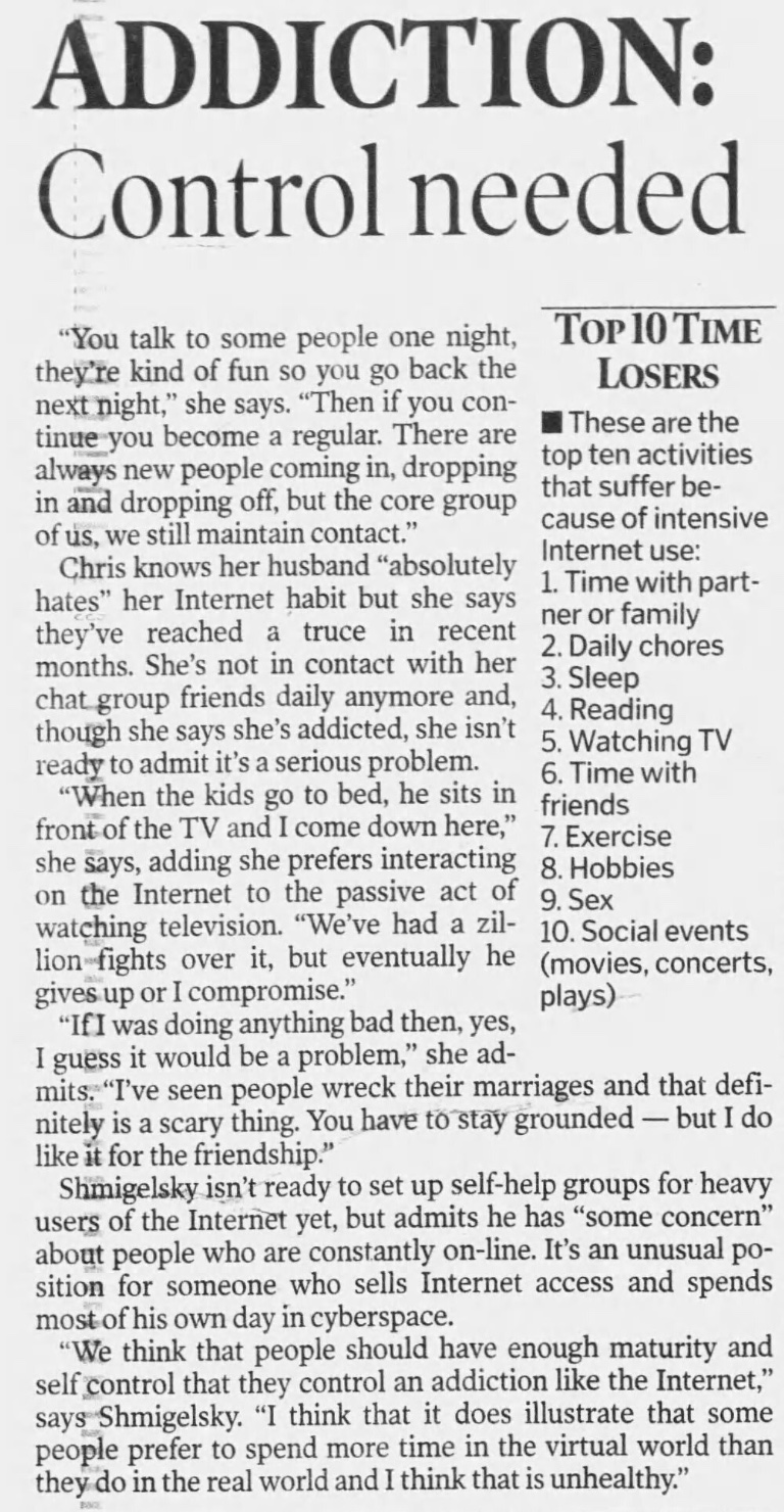 Addiction: Control needed — Calgary Herald, Apr 3, 1998