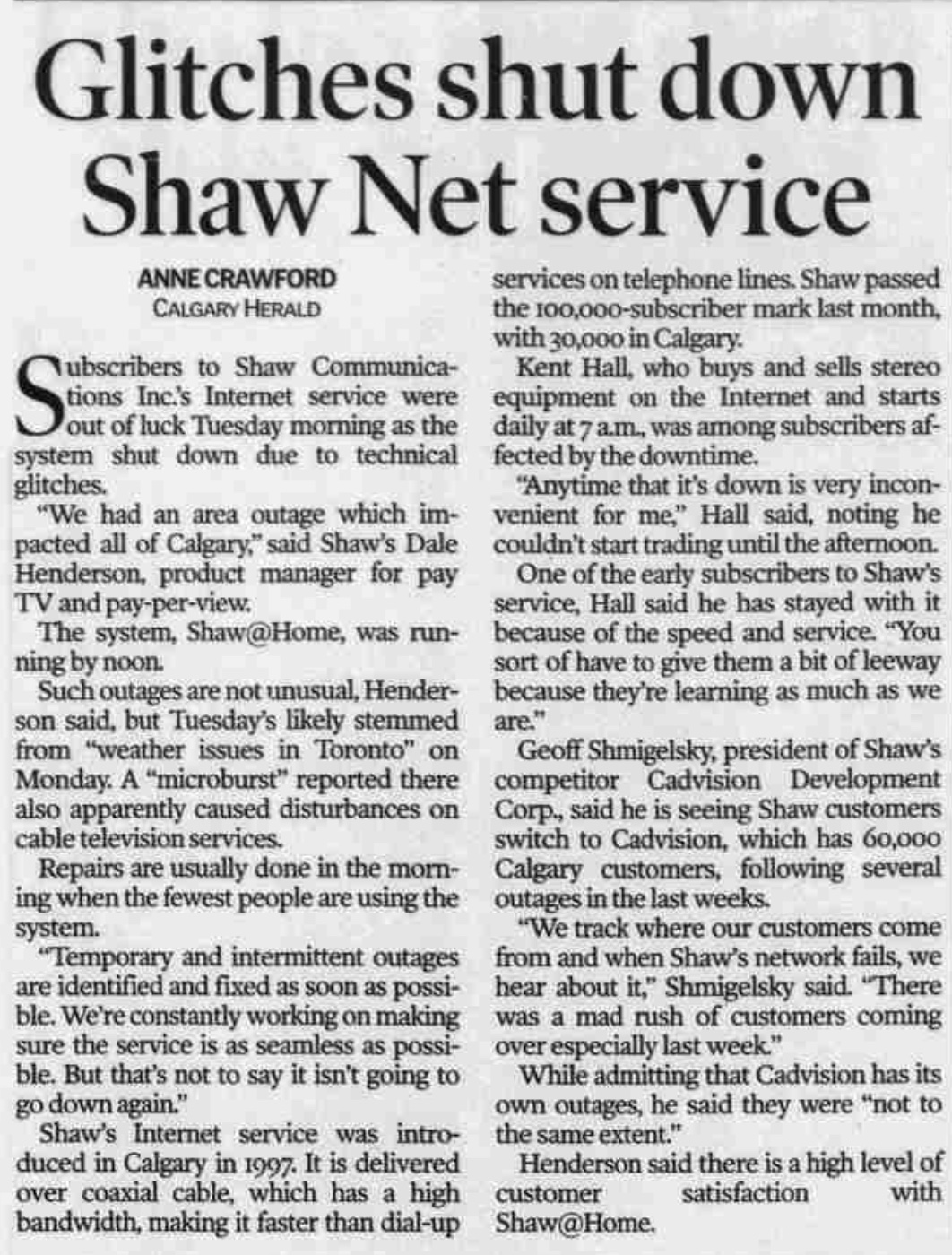Glitches shut down Shaw Net service — Anne Crawford, Calgary Herald, Jun 9, 1999