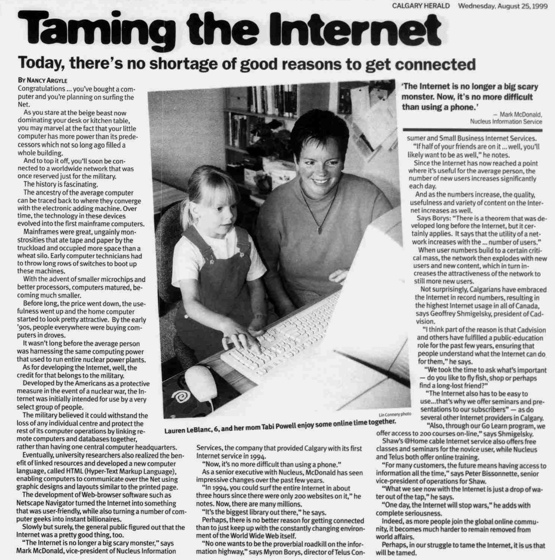 Taming the Internet — Nancy Argyle, Calgary Herald, Aug 25, 1999