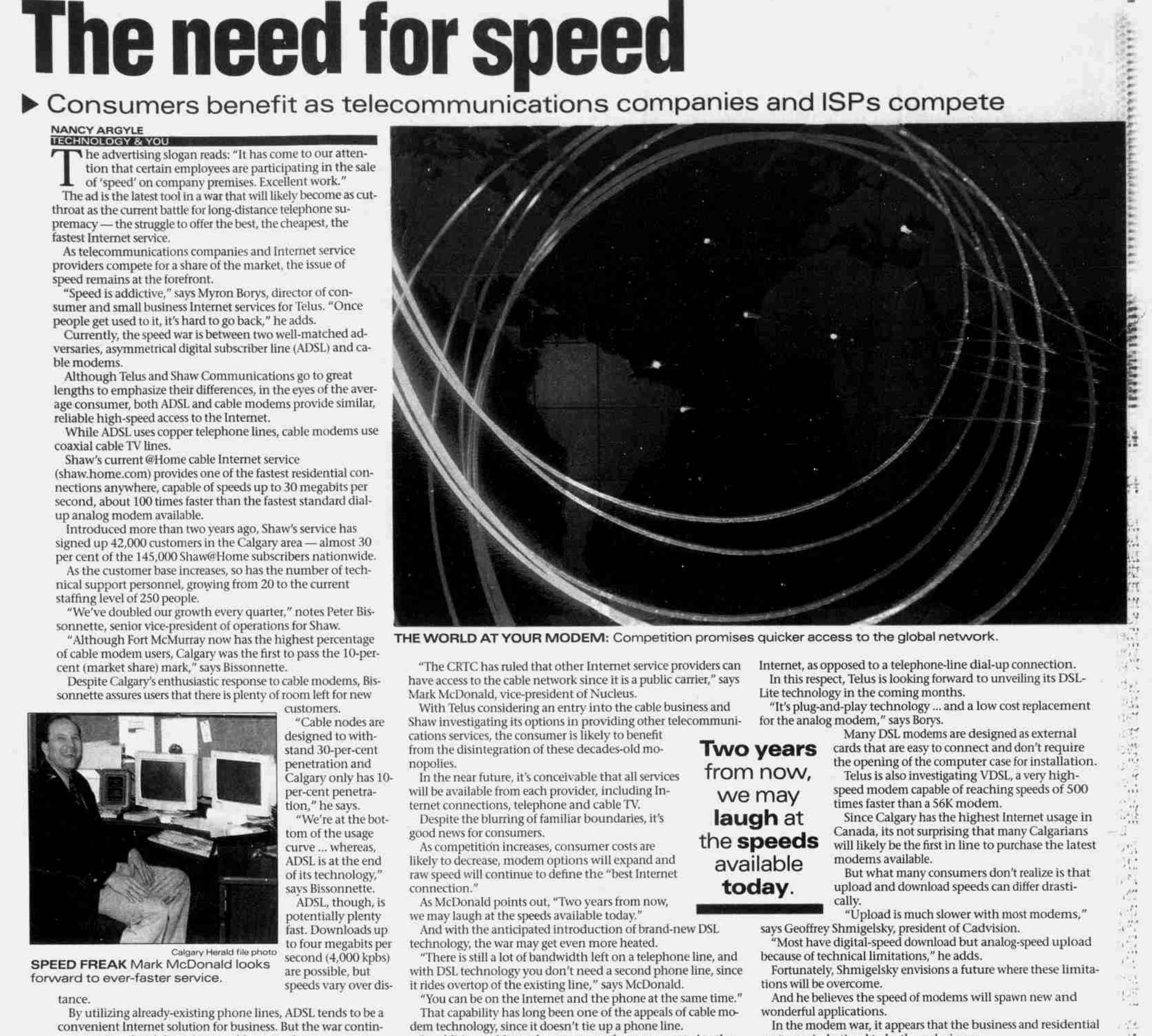 The need for speed — ADSL vs cable (Nancy Argyle, Calgary Herald, Oct 5, 1999)