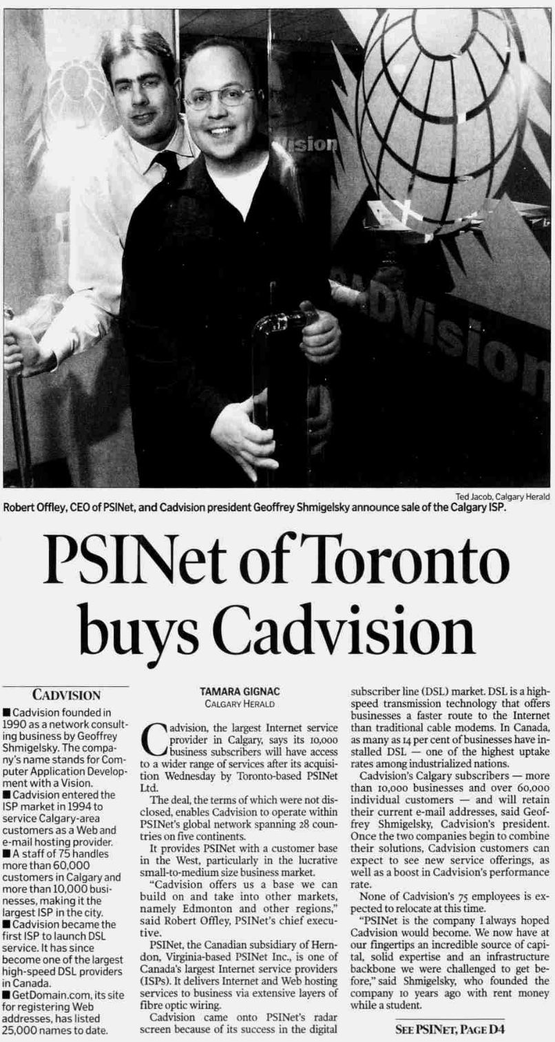 PSINet of Toronto buys Cadvision — Tamara Gignac, Calgary Herald, Apr 27, 2000, D1