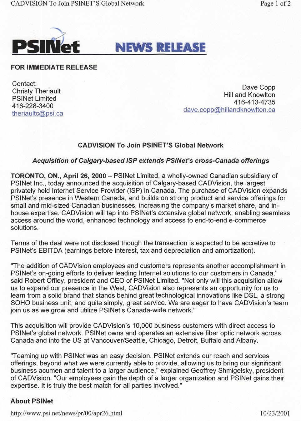 Press release — “CADVision to Join PSINet’s Global Network” (PSINet, Apr 26, 2000)