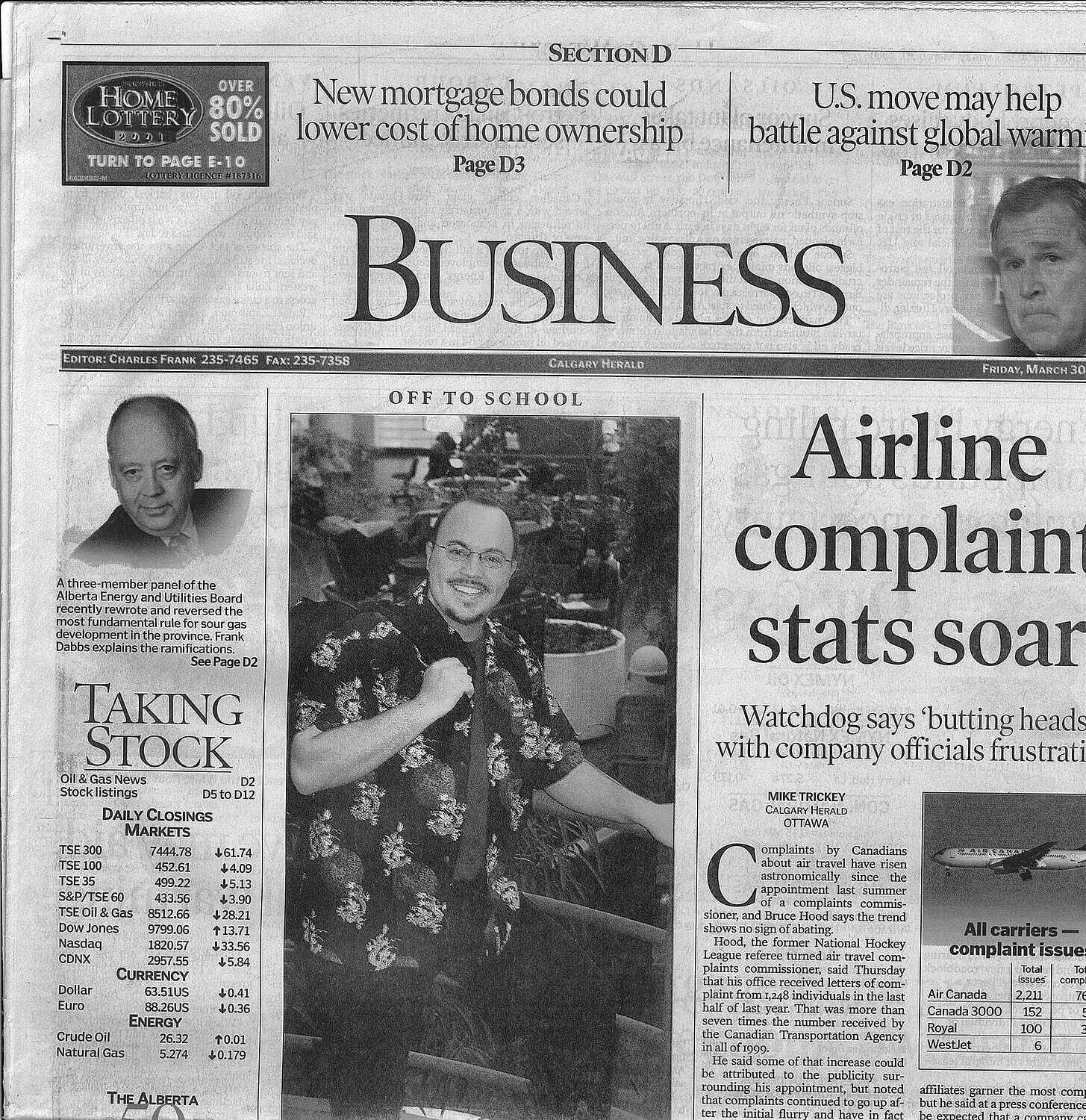 Newspaper clipping from the front page of a business newspaper