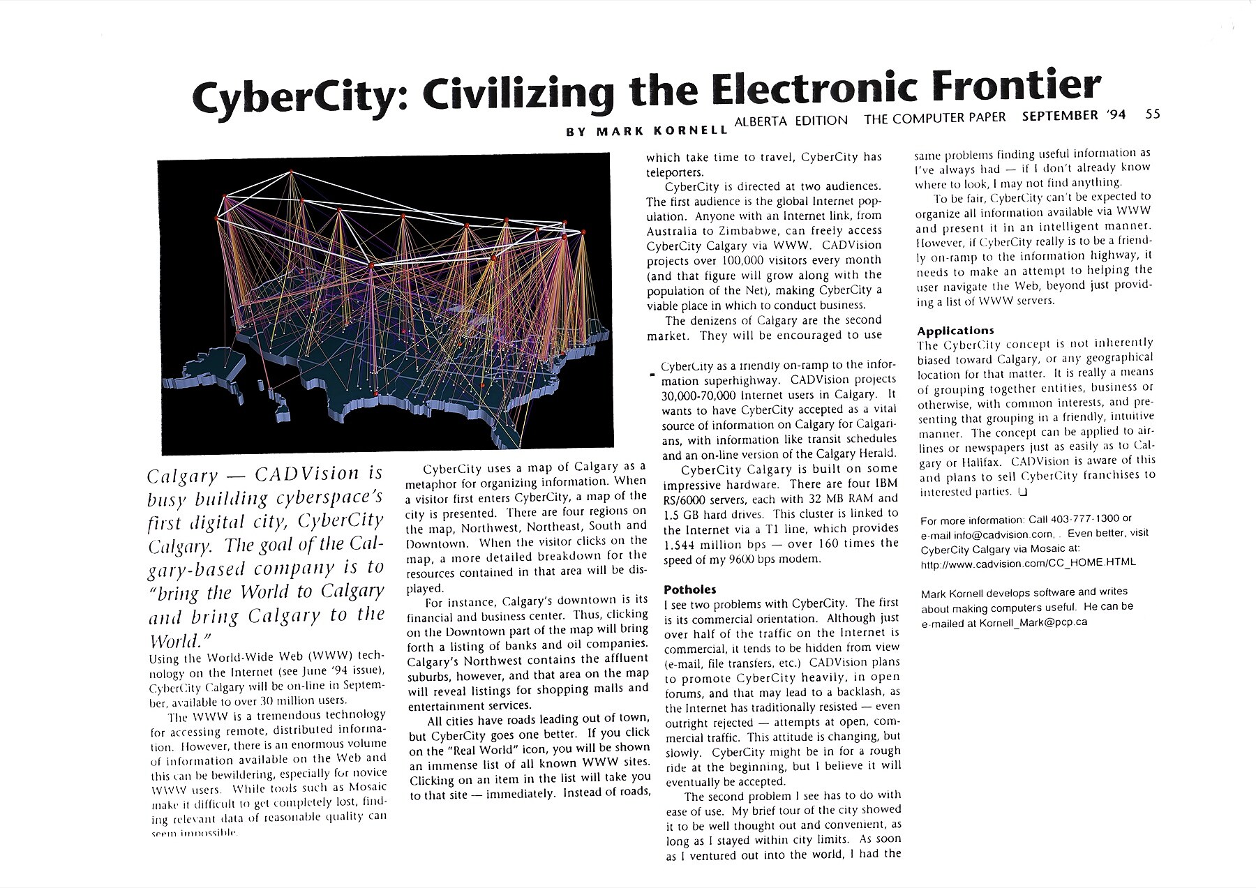 CyberCity: Civilizing the Electronic Frontier — Mark Kornell, The Computer Paper (Alberta), Sep 1994, p55