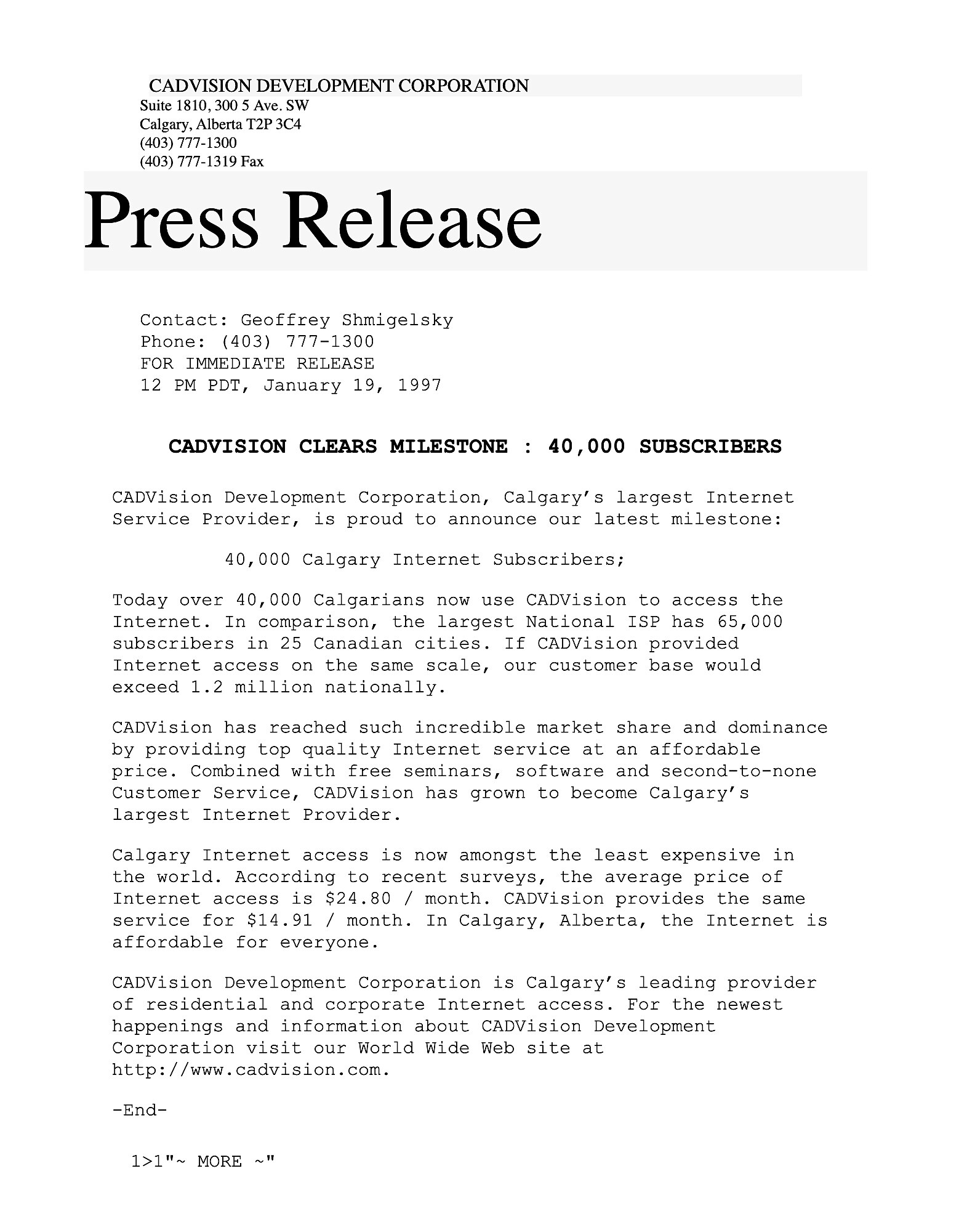 Press release — "40,000 Customers" (Jan 19, 1997)